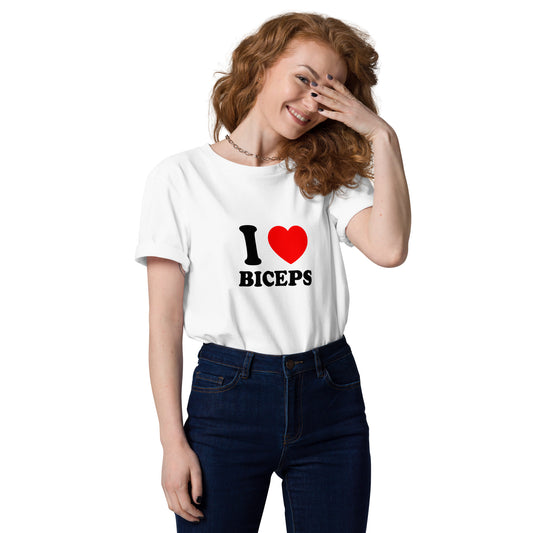 "I ❤️ Biceps" unisex organic cotton t-shirt – a funny gym t-shirt with flirty meme vibes. Perfect for nights out, gym sessions, and viral selfies (PETA-approved, GOTS certified).