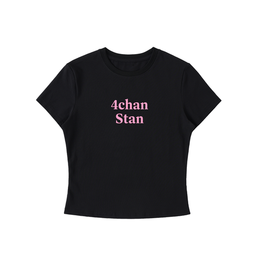 Black t-shirt with pink text '4chan Stan' on a white background