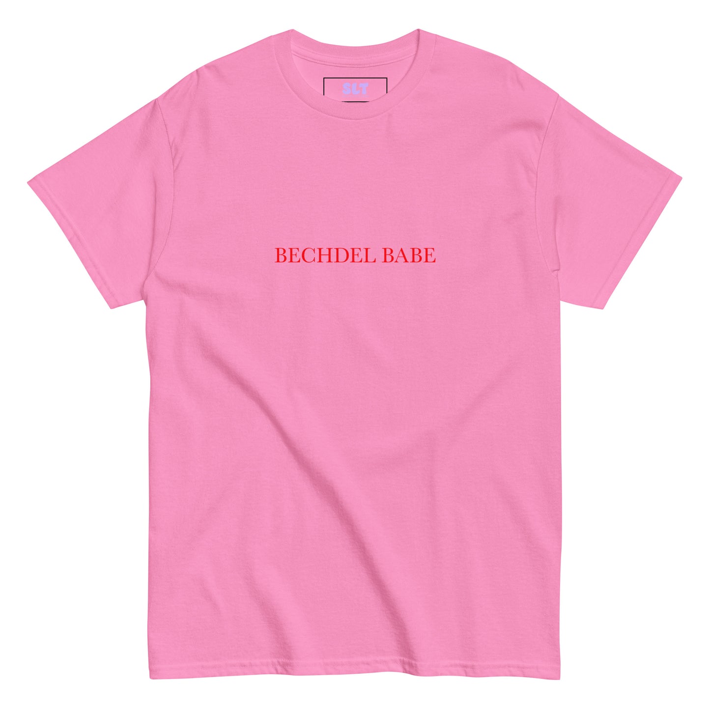 White t-shirt with “Bechdel Babe” slogan in bold red type, styled with jeans and feminist books.