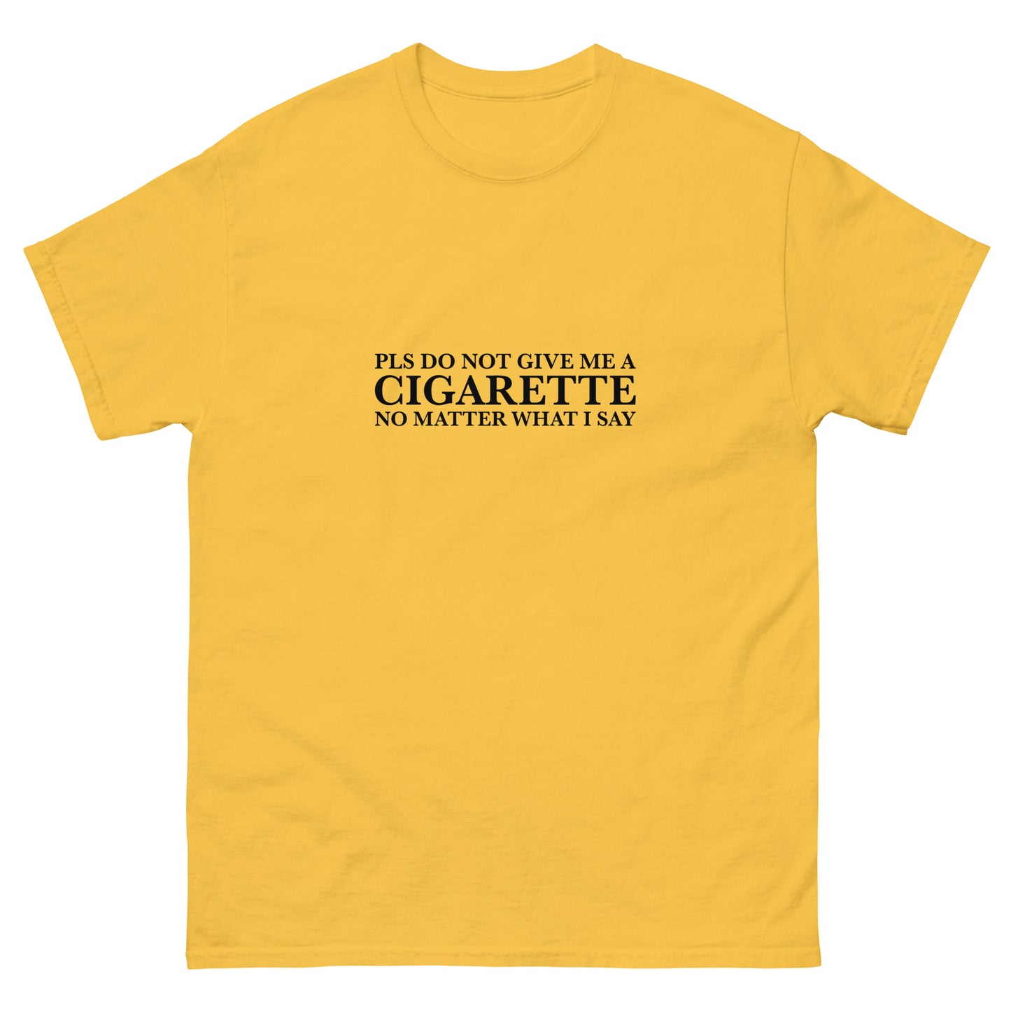 White t-shirt with “Please Do Not Give Me a Cigarette” embroidered in black text, styled with black trousers and smudged eyeliner.