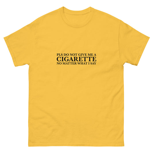White t-shirt with “Please Do Not Give Me a Cigarette” embroidered in black text, styled with black trousers and smudged eyeliner.