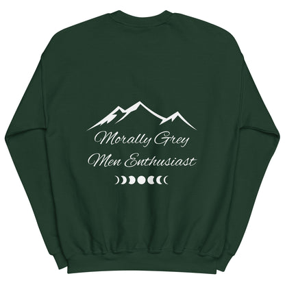 Green sweatshirt with white mountain design and text on a white background