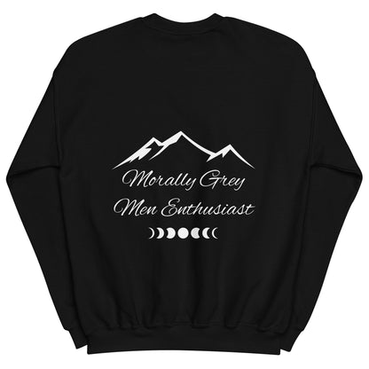 Black sweatshirt with white mountain and text design on a white background