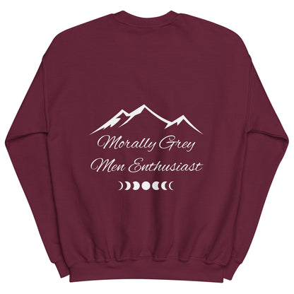 Maroon sweatshirt with white mountain design and text on a white background