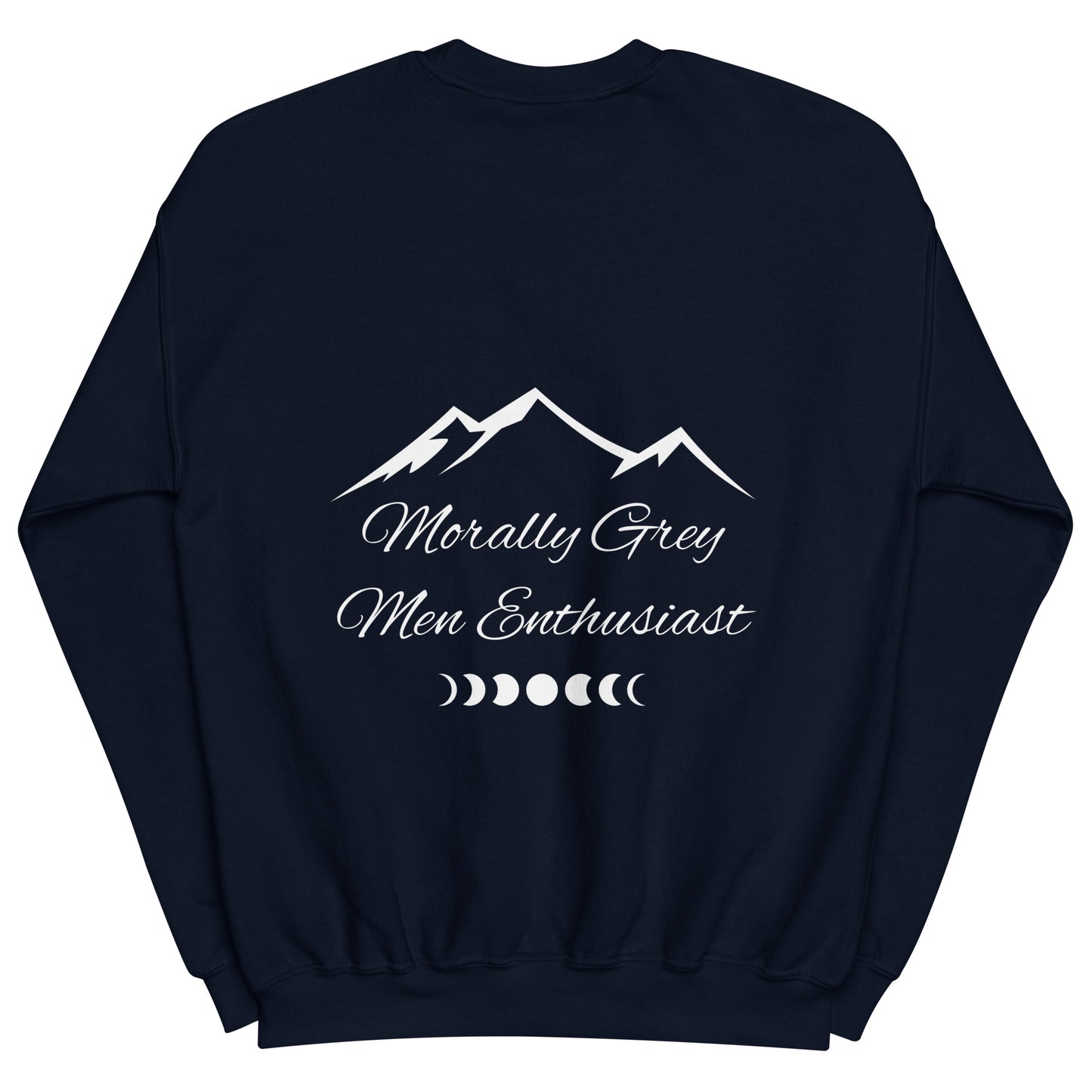 Navy sweatshirt with white mountain design and text on a white background