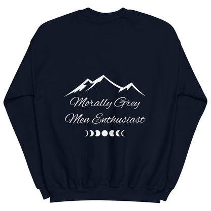 Navy sweatshirt with white mountain design and text on a white background