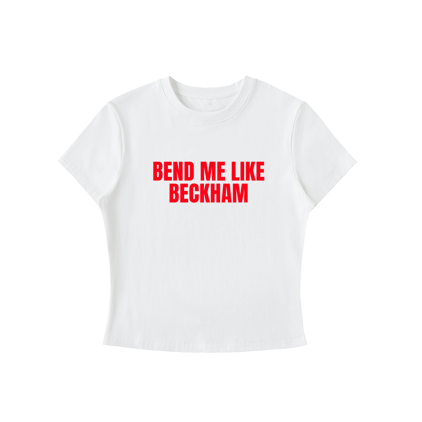 White t-shirt with red text 'Bend Me Like Beckham' on a white background
