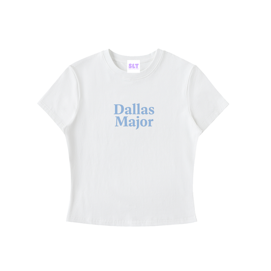 White t-shirt with 'Dallas Major' text on a white background