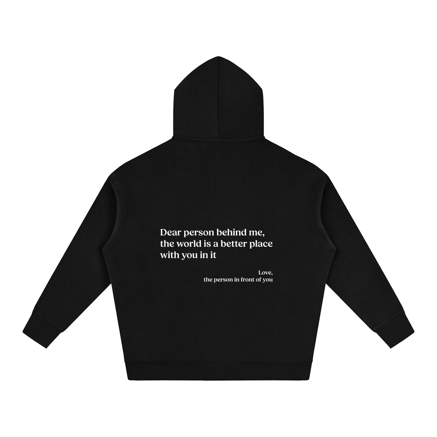 Black hoodie with a motivational quote on the back against a white background