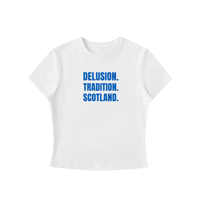 White t-shirt with blue text 'DELUSION. TRADITION. SCOTLAND.' on a white background
