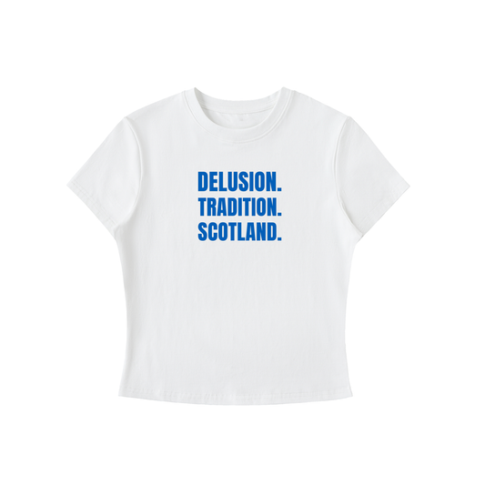 White t-shirt with blue text 'DELUSION. TRADITION. SCOTLAND.' on a white background