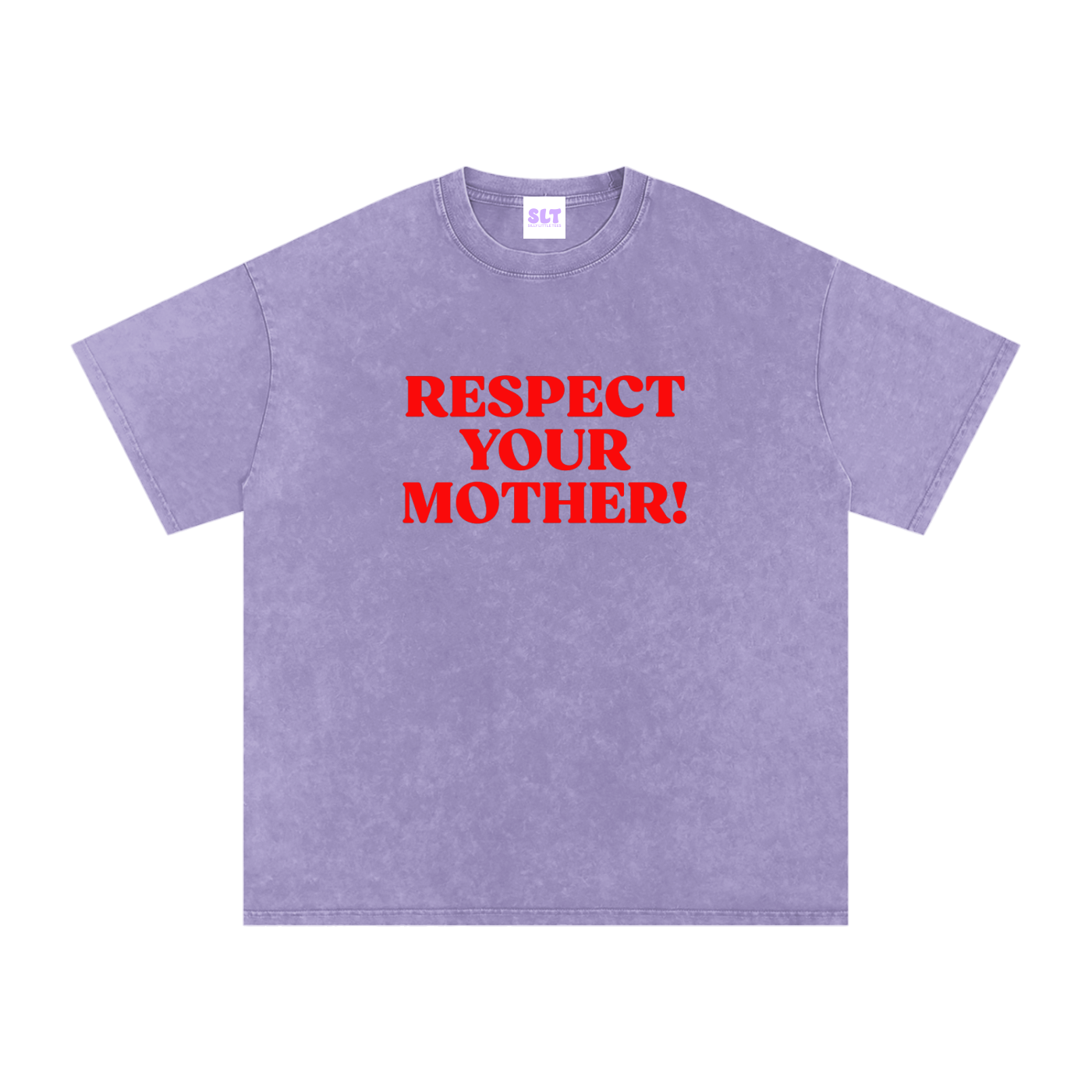 Purple t-shirt with red text 'RESPECT YOUR MOTHER!' on a white background