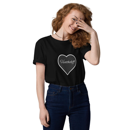 Woman wearing a black t-shirt with a white heart design and text on a white background