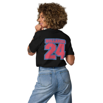 Person wearing a black t-shirt with 'HOLLANDR' and number '24' on the back, standing against a white background.