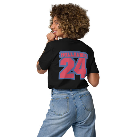 Person wearing a black t-shirt with 'HOLLANDR' and number '24' on the back, standing against a white background.