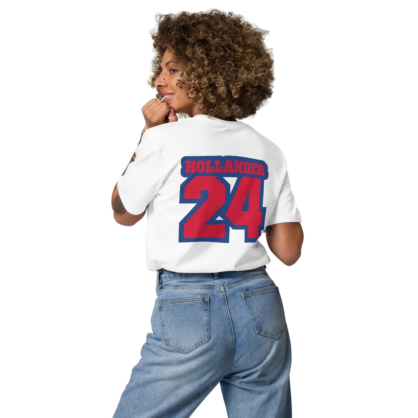Person wearing a white T-Shirt with 'HOLLANDER 24' printed on the back, standing against a white background.