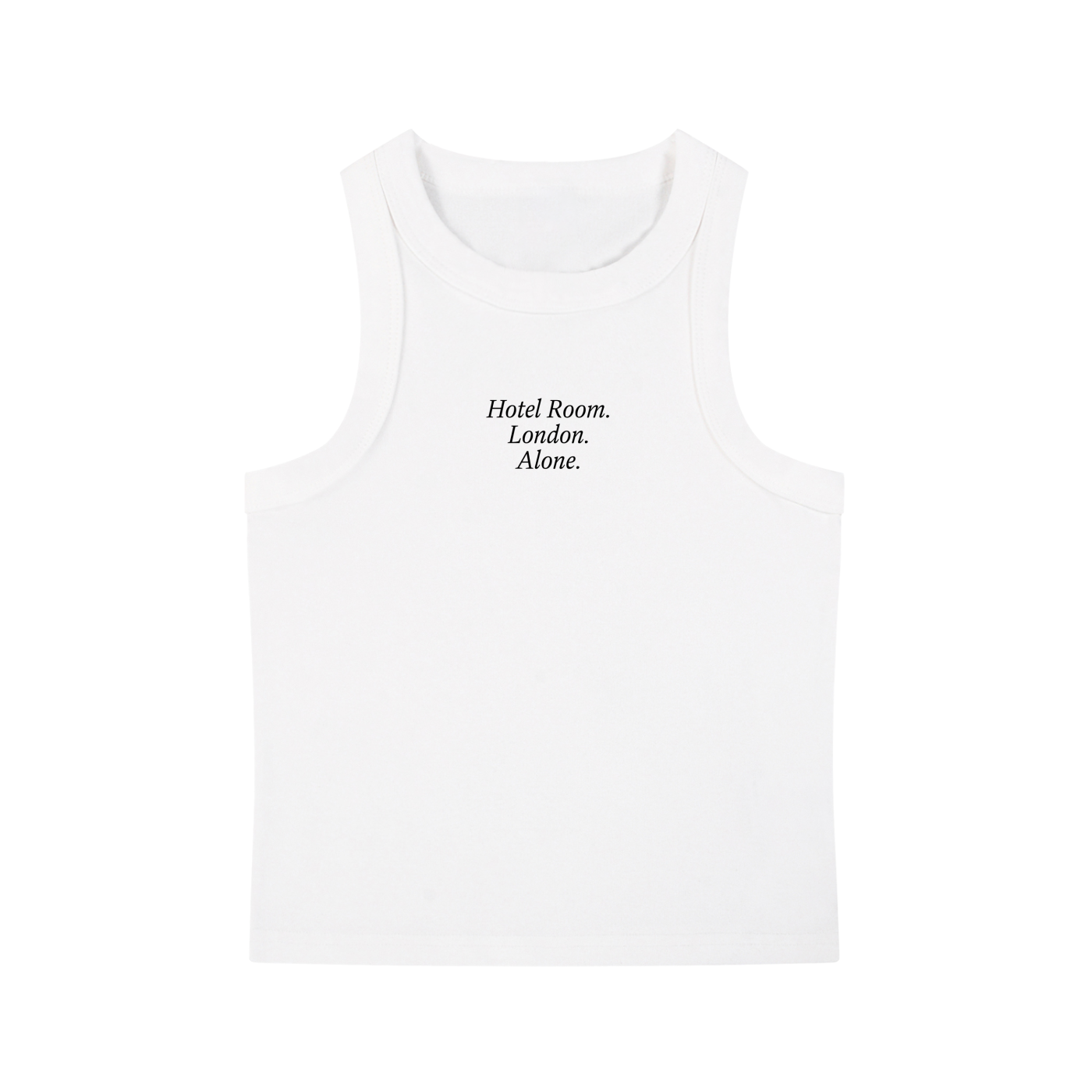 White tank top with text on a white background
