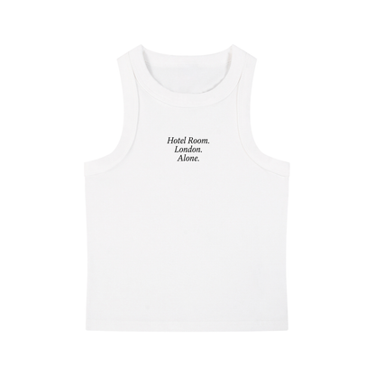 White tank top with text on a white background