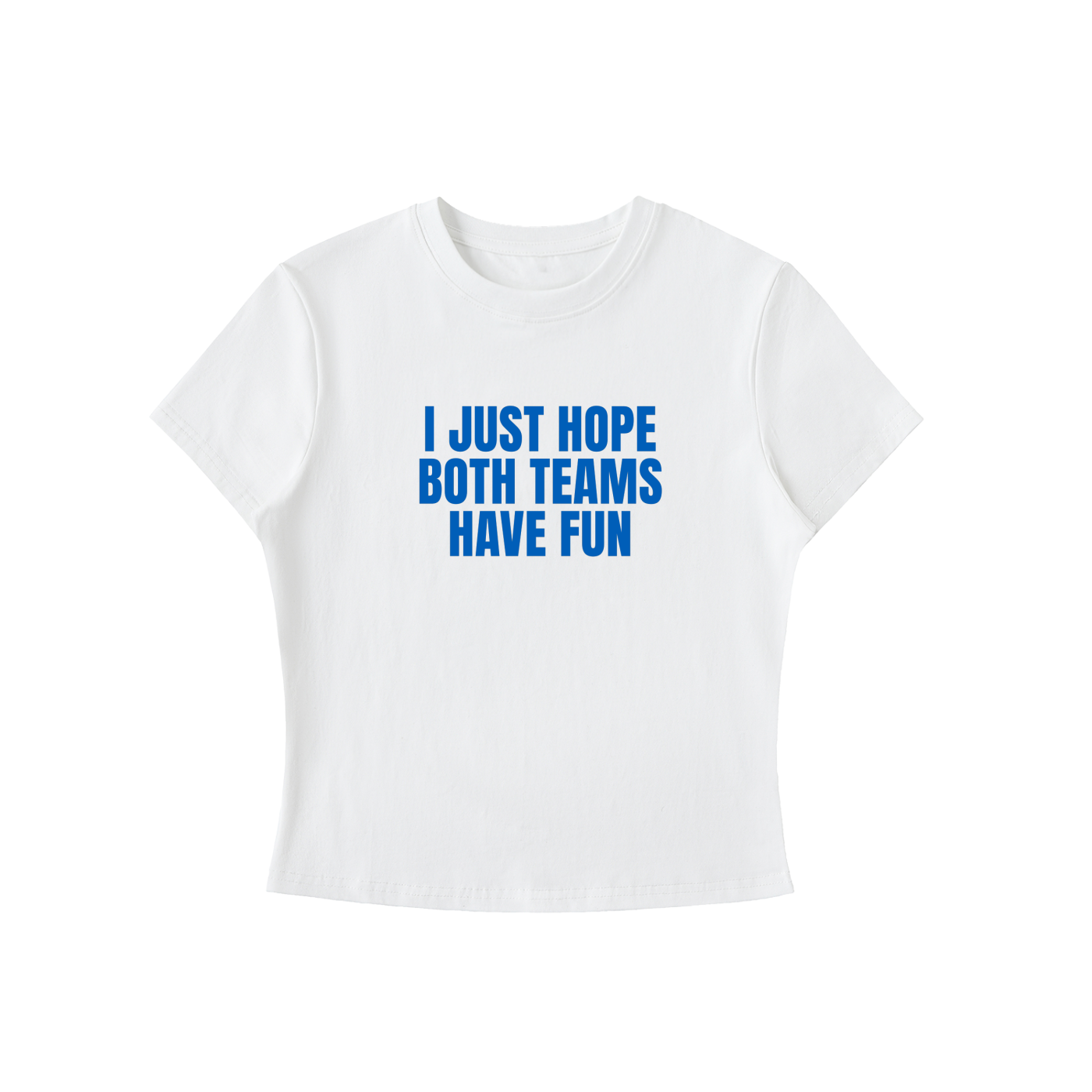 White t-shirt with blue text on a white background
