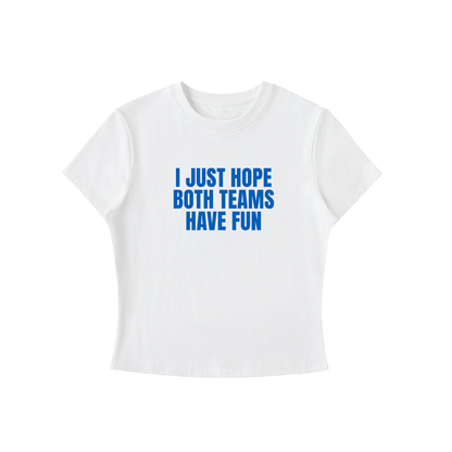 White t-shirt with blue text on a white background