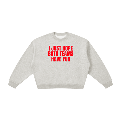 Gray sweatshirt with red text on a white background