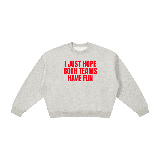 Gray sweatshirt with red text on a white background