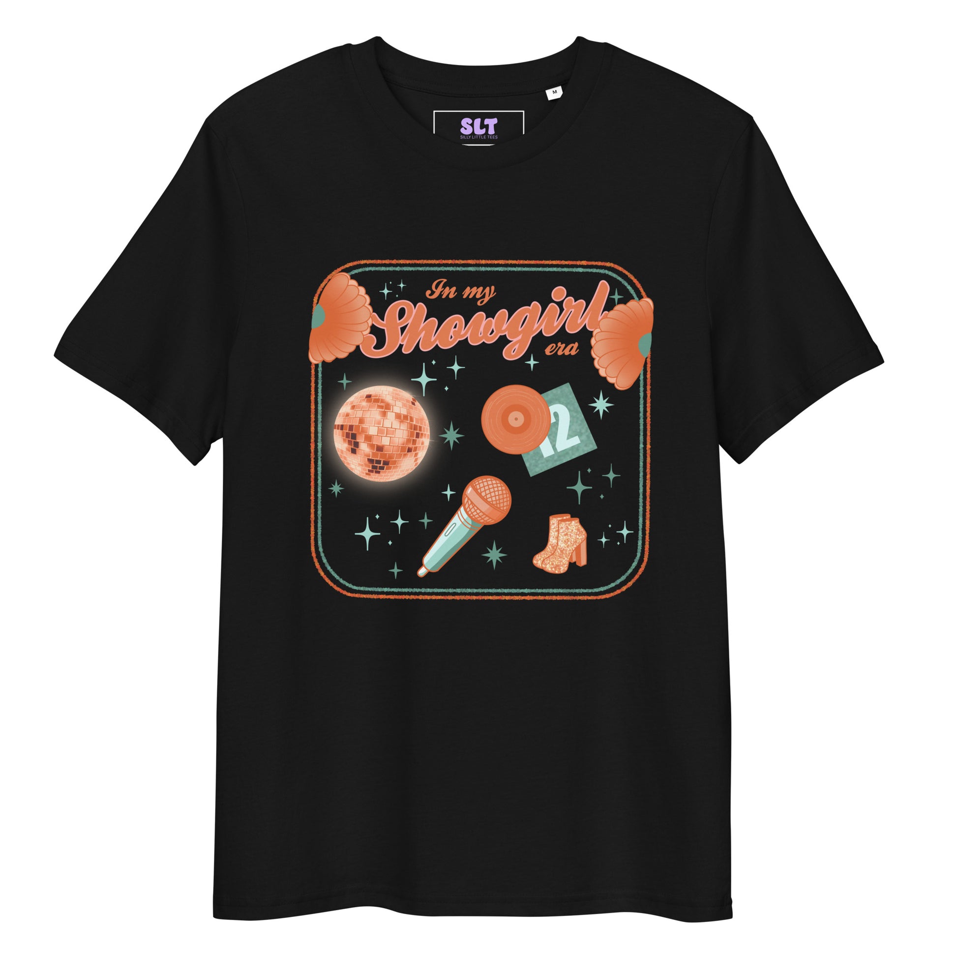 Black t-shirt with 'In my Showgirl era' graphic design featuring a microphone, cowboy boots, and moon.
