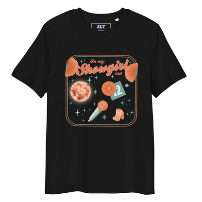Black t-shirt with 'In my Showgirl era' graphic design featuring a microphone, cowboy boots, and moon.