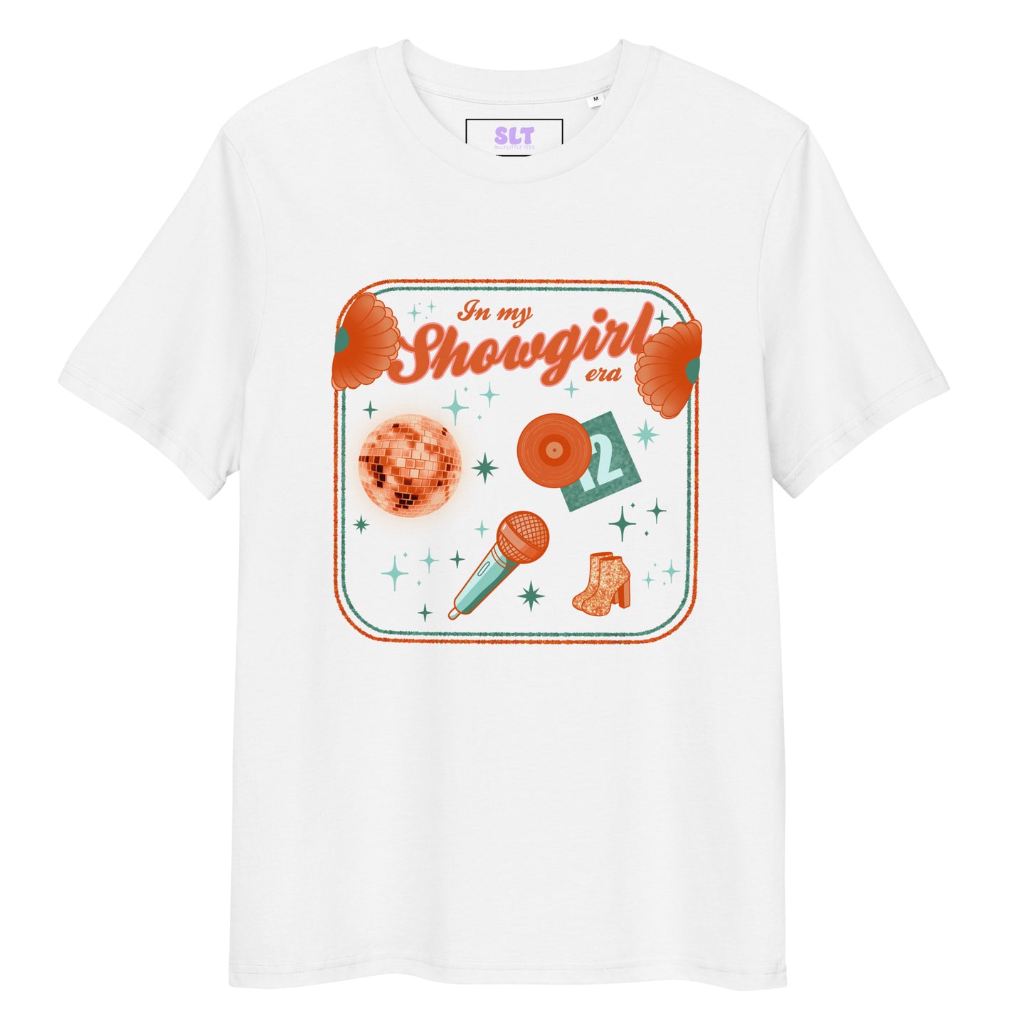 White t-shirt with graphic design and text on a white background
