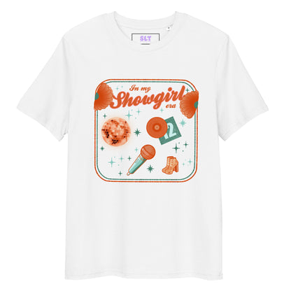 White t-shirt with graphic design and text on a white background