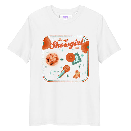 White t-shirt with graphic design and text on a white background