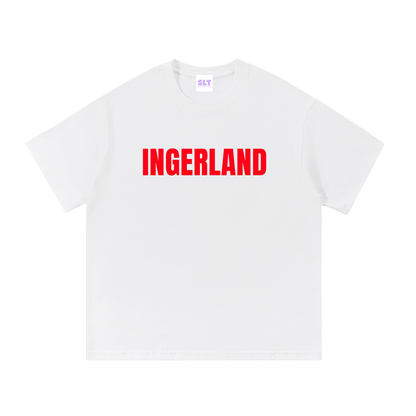White t-shirt with red text 'INGERLAND' on a white background