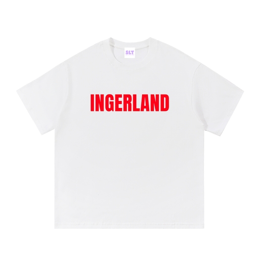 White t-shirt with red text 'INGERLAND' on a white background