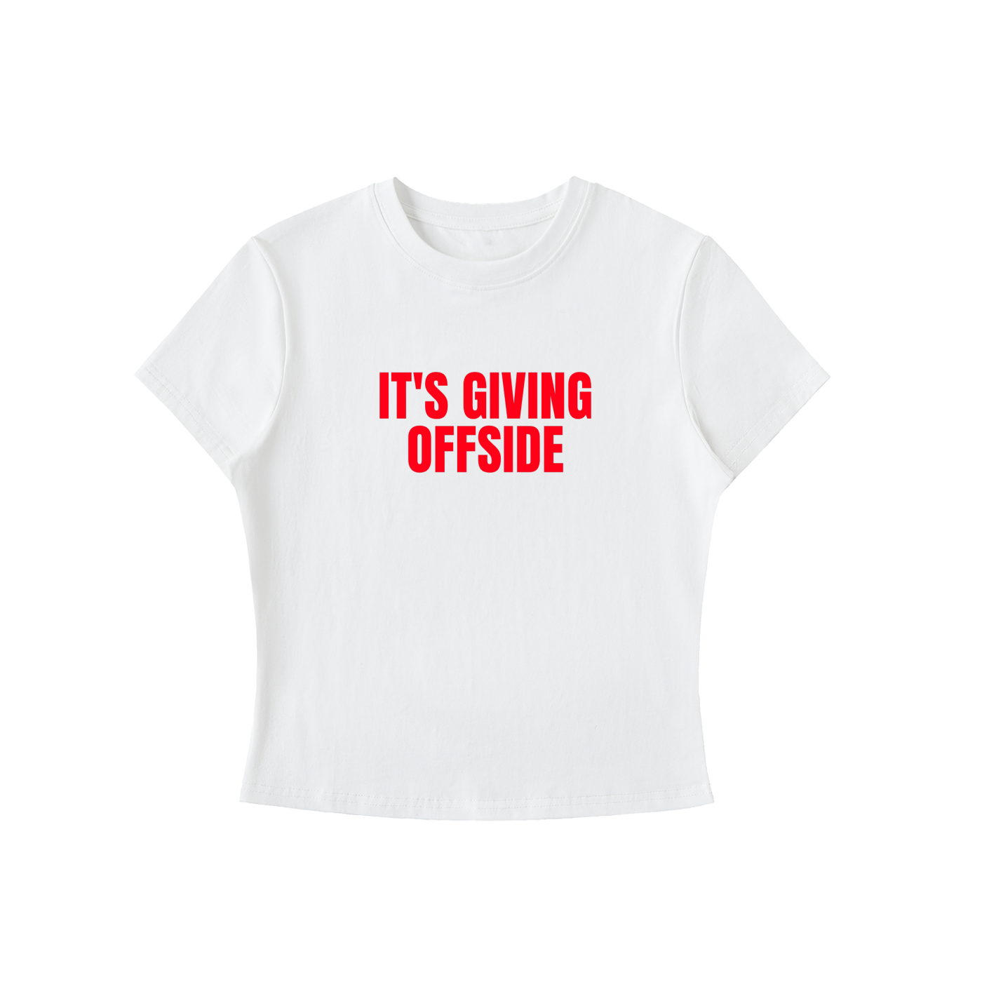 White t-shirt with red text 'IT'S GIVING OFFSIDE' on a white background