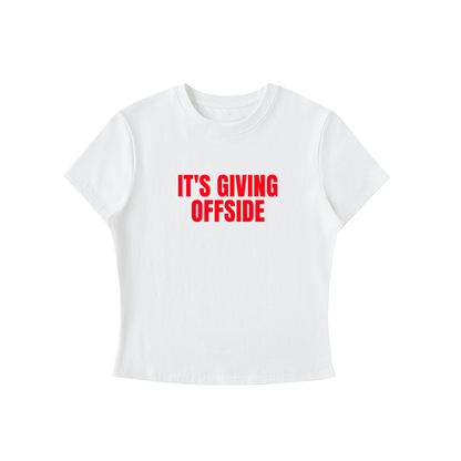 White t-shirt with red text 'IT'S GIVING OFFSIDE' on a white background