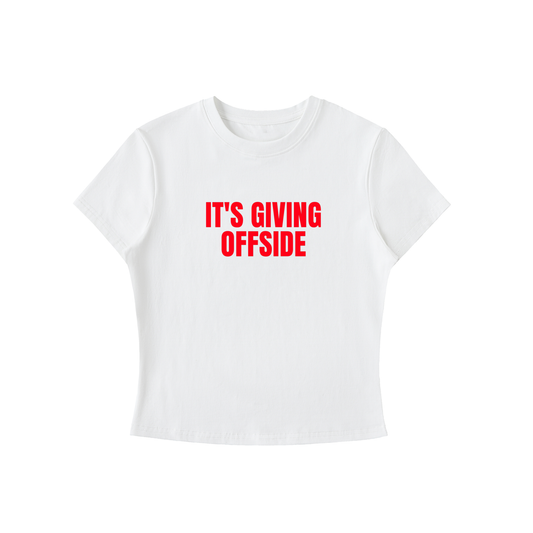 White t-shirt with red text 'IT'S GIVING OFFSIDE' on a white background