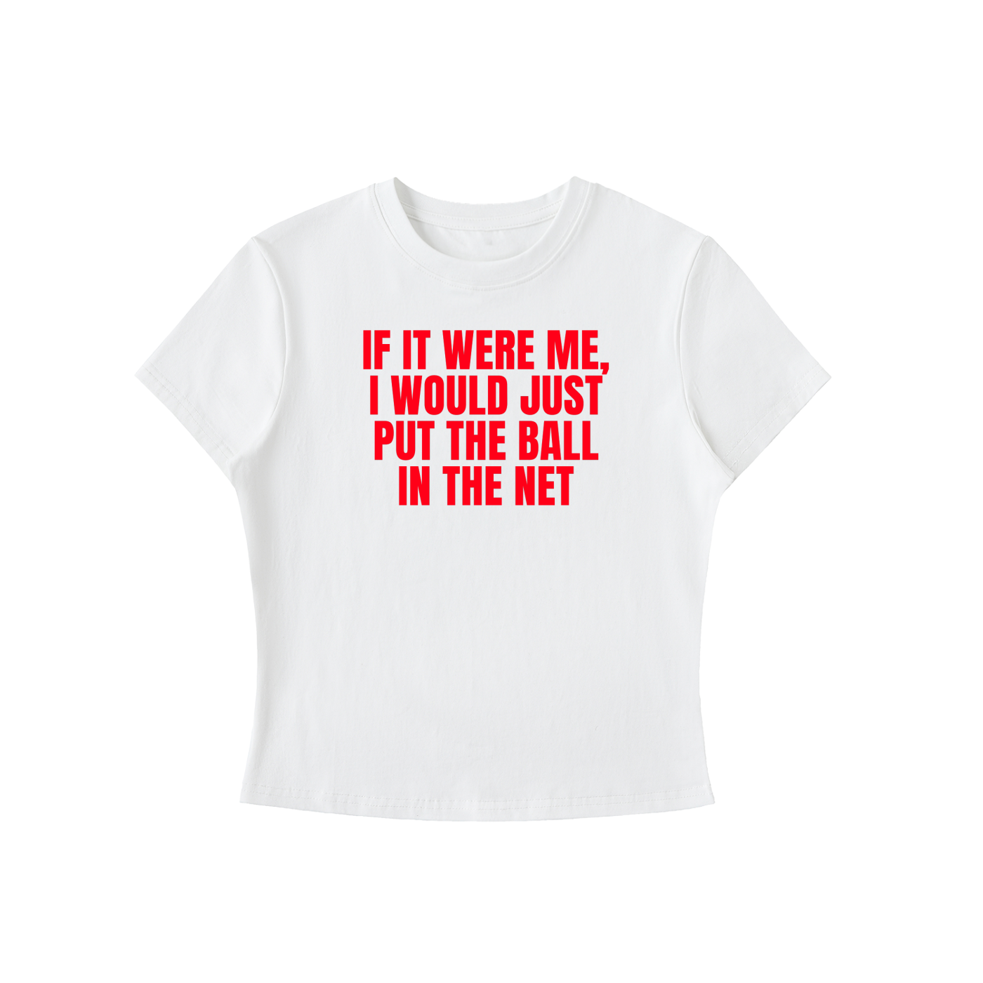 White t-shirt with red text on a white background