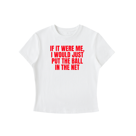 White t-shirt with red text on a white background