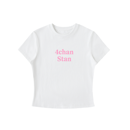 White t-shirt with '4chan Stan' text in pink on a white background