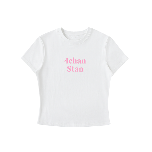 White t-shirt with '4chan Stan' text in pink on a white background