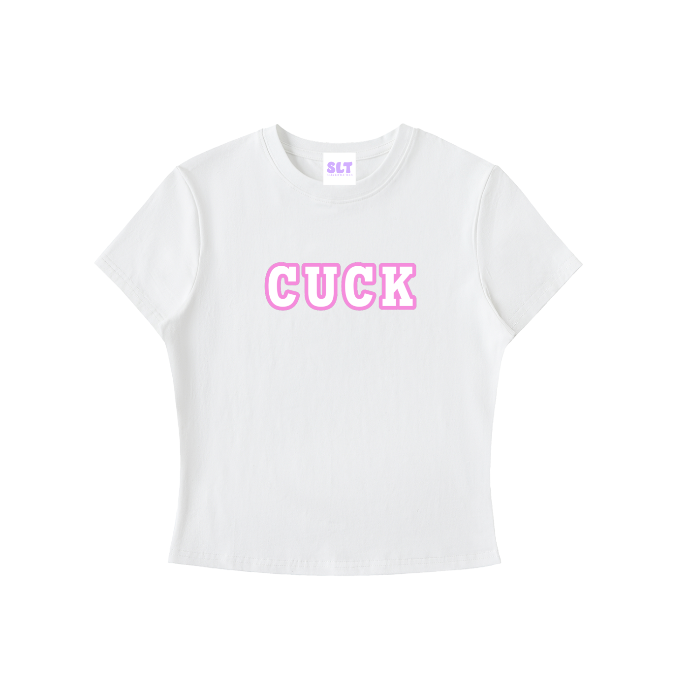 White t-shirt with pink text on a white background