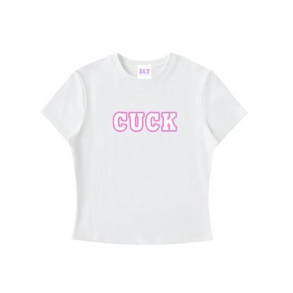 White t-shirt with pink text on a white background