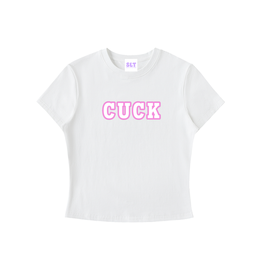 White t-shirt with pink text on a white background