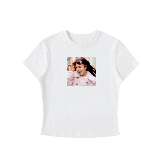 White t-shirt with a printed design of Linsday Lohan wearing sunglasses on a white background
