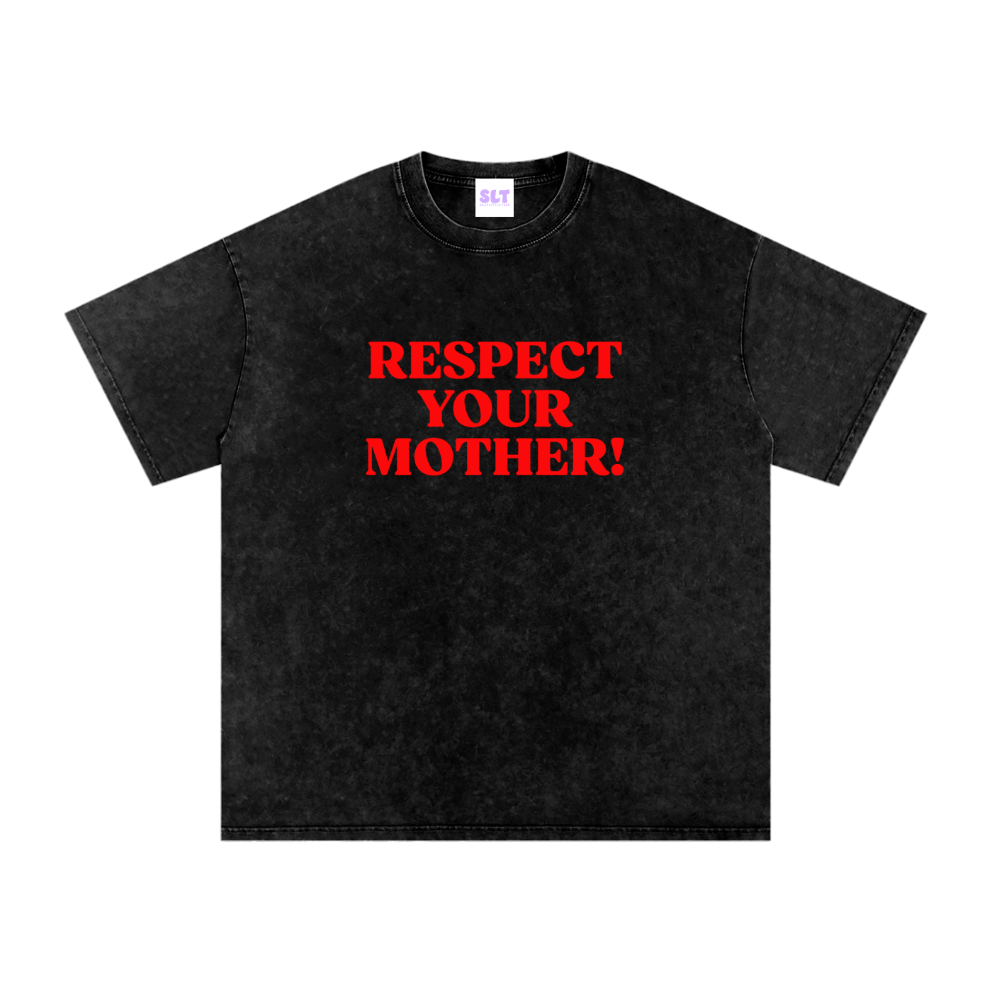 Black t-shirt with red text 'RESPECT YOUR MOTHER!' on a white background