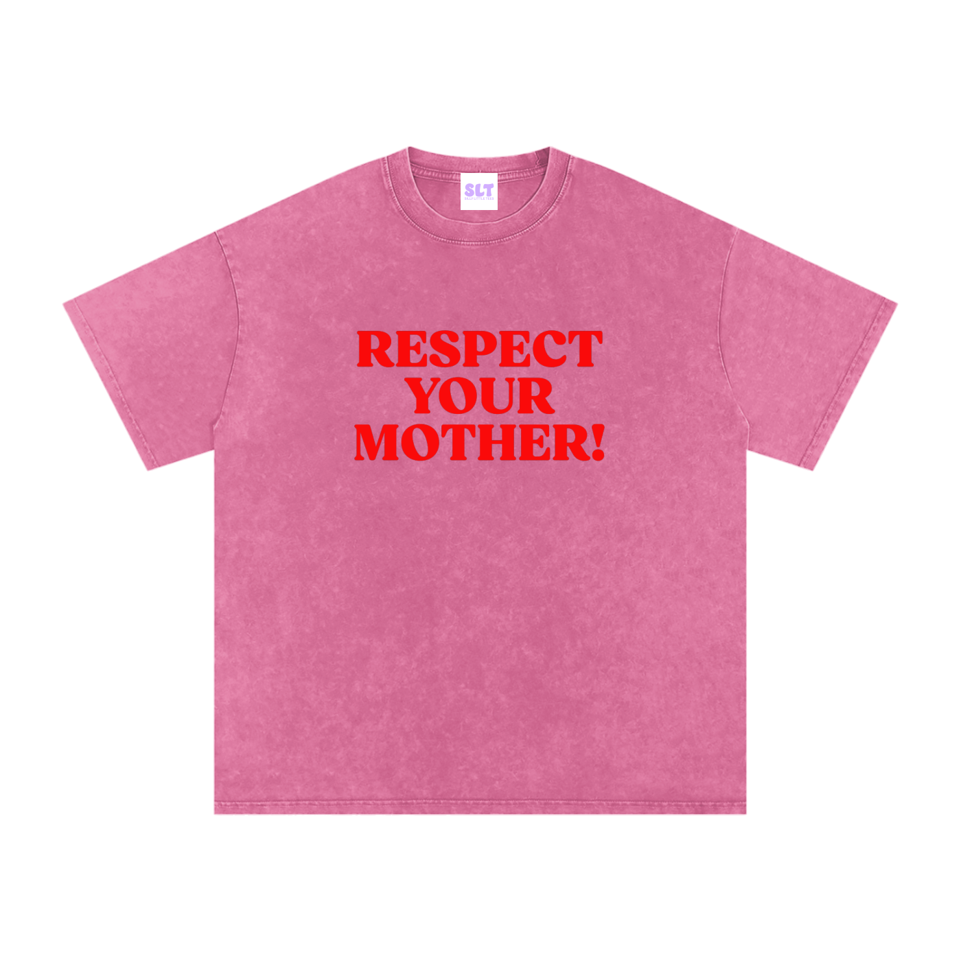 Pink t-shirt with red text 'RESPECT YOUR MOTHER!' on a white background