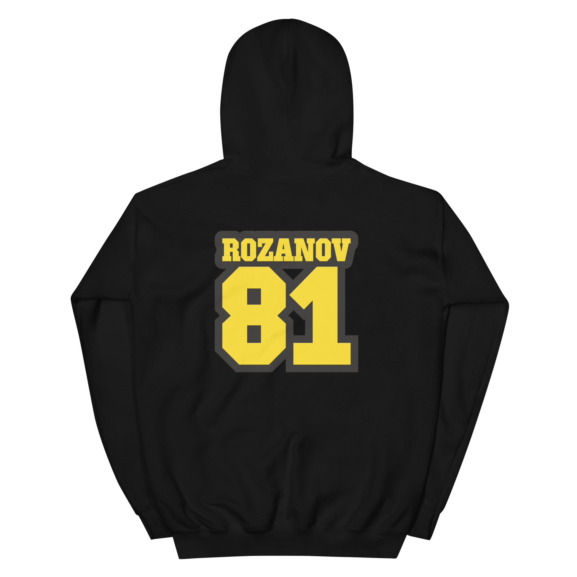 Black hoodie with 'ROZANOV 81' printed on the back against a white background