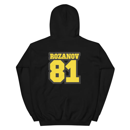 Black hoodie with 'ROZANOV 81' printed on the back against a white background
