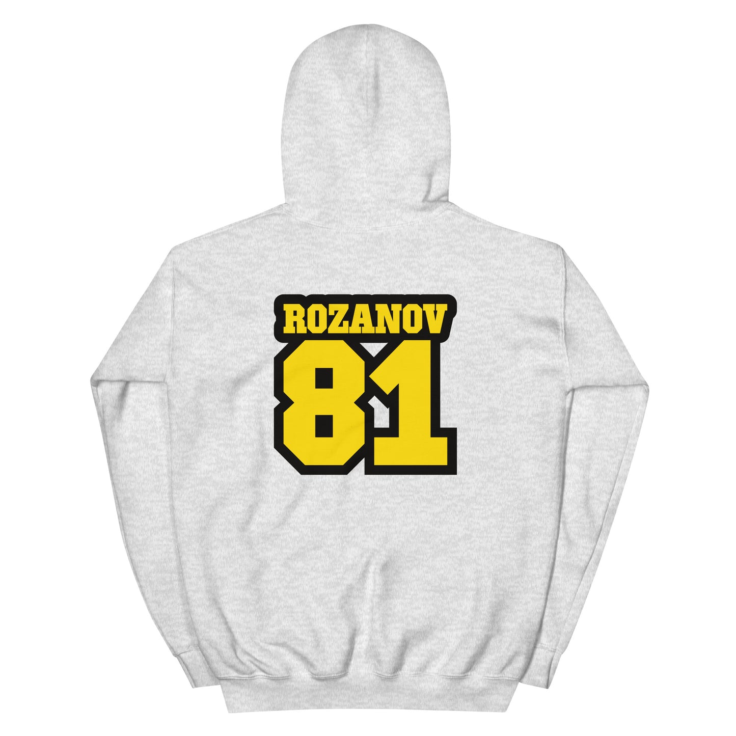 Gray hoodie with 'Rozanov 81' text on the back against a white background
