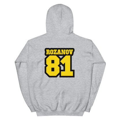 Gray hoodie with yellow and black text on the back